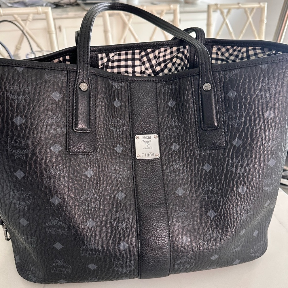 MCM Black Monogram Tote with Leather Trim
